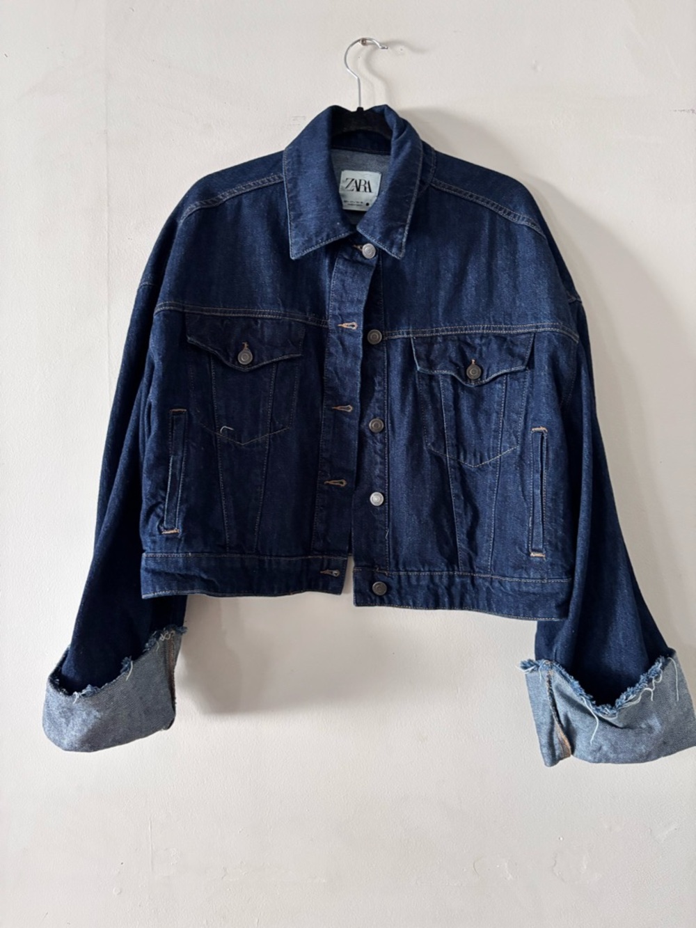 Zara Indigo Cropped Denim Jacket with Rolled Cuffs